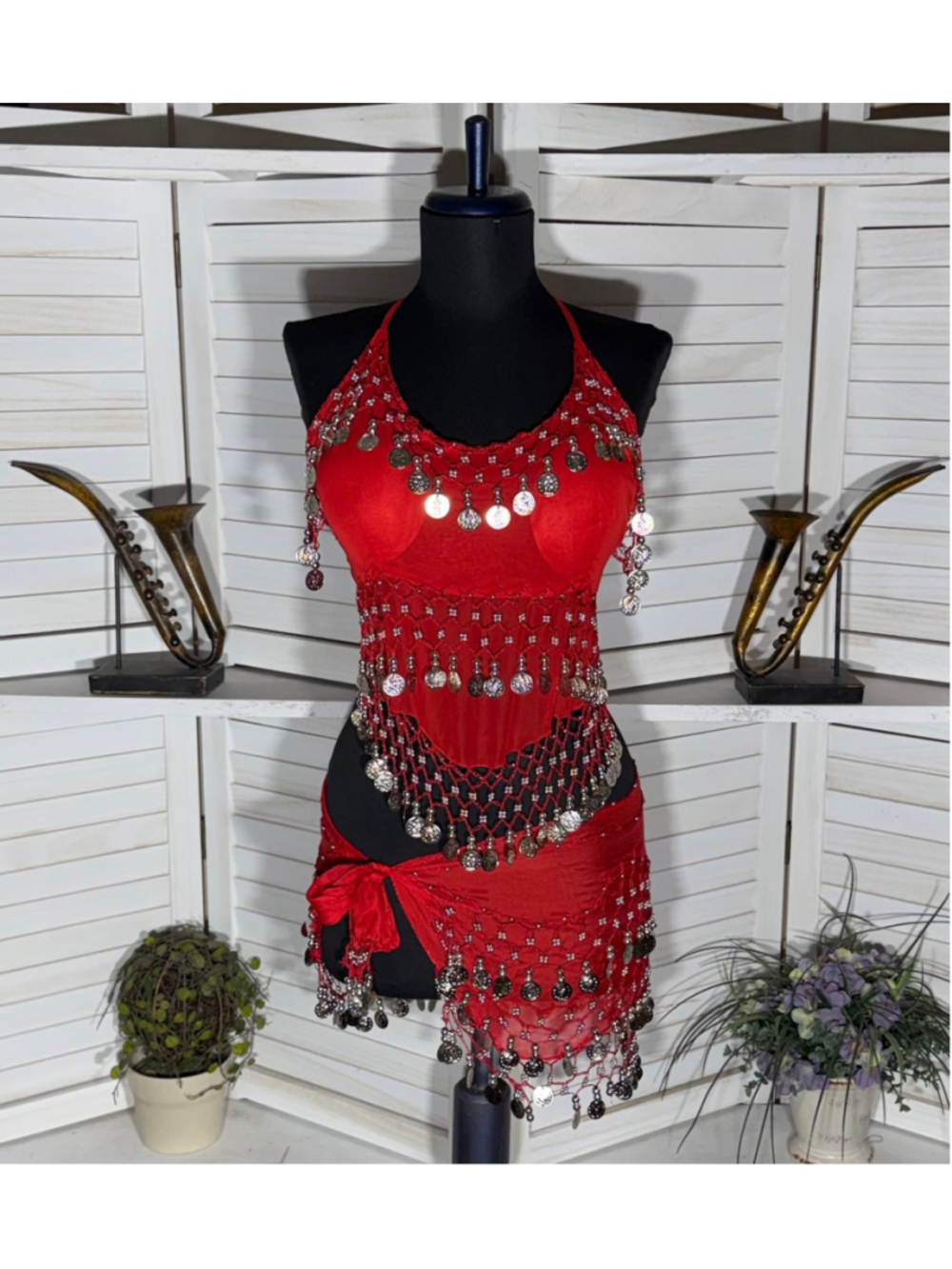 Vintage red belly dancer chiffon top & hip scarf set silver coin fringes costume